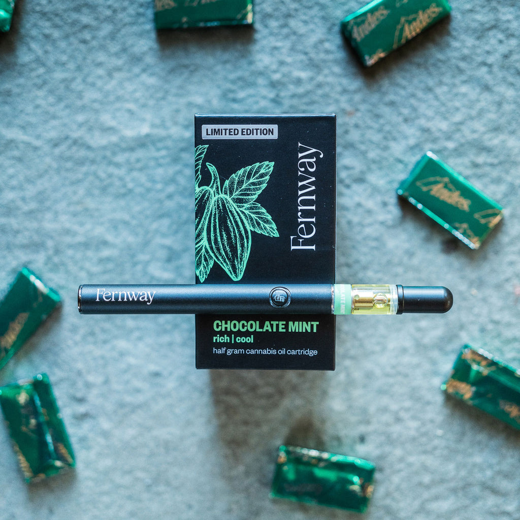 A Chocolate Mint vape resting on a Chocolate Mint box, surrounded by Andes mints.