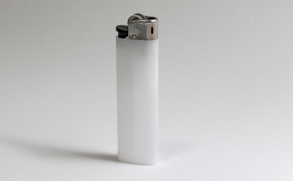 White lighter standing on a white surface, casting a soft shadow.