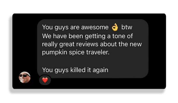 An Instagram DM praising Pumpkin Spice.
