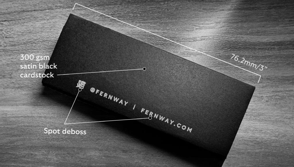 Black and white photo diagram of the back of the Fernway matchbox with lines pointing to the various design features described in this post.